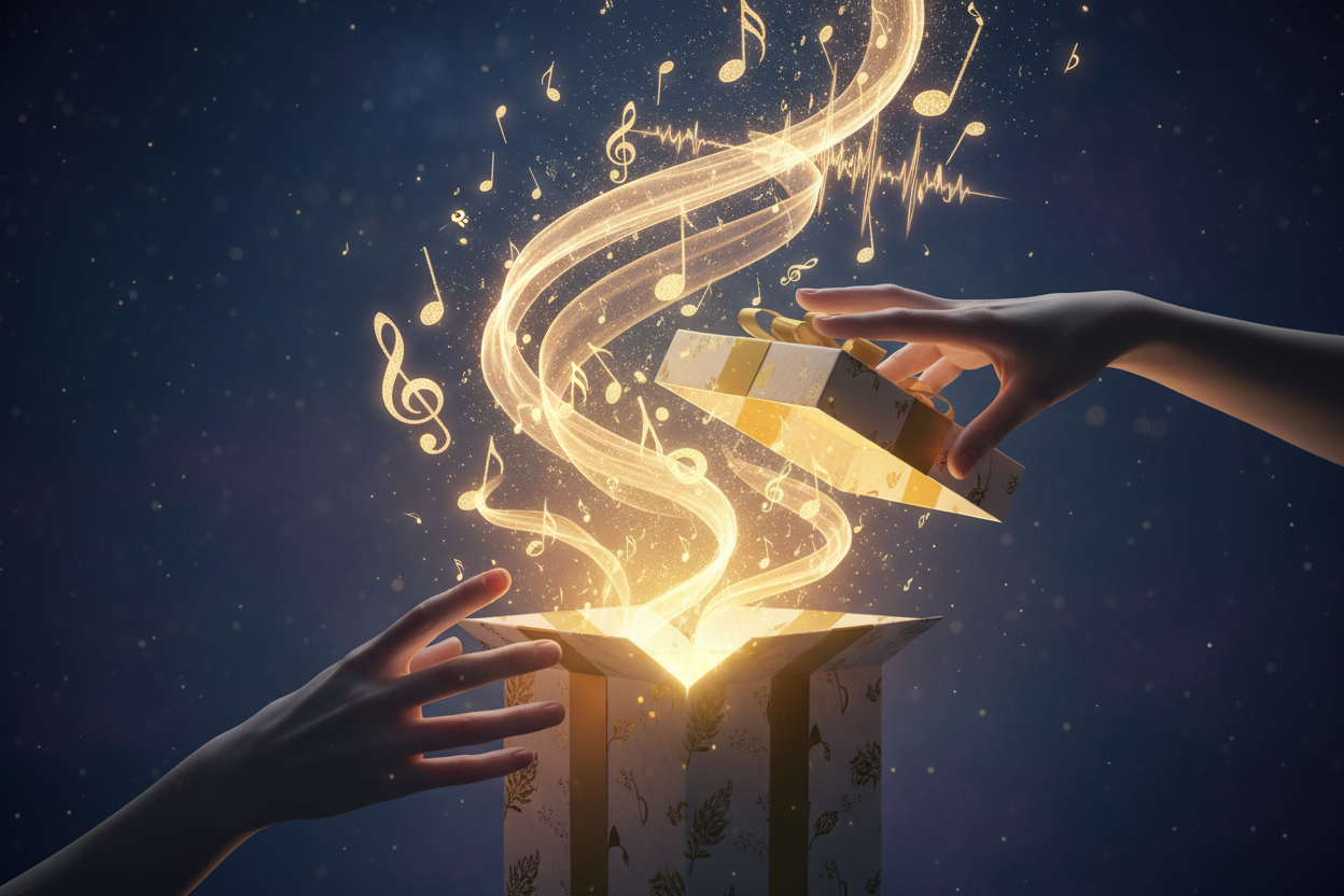 A pair of elegant, expressive hands gently unwrapping a beautifully wrapped gift box. The paper is mid-tear, revealing a soft golden glow from inside. As the lid lifts slightly, luminous musical notes and flowing sound waves burst out in graceful spirals, suspended in the air. The notes shimmer like gold dust — some crisp, defined symbols (treble clefs, eighth notes), others soft ribbons of light and melody. The scene is captured in a moment of awe — the hands frozen mid-motion, the light illuminating the f